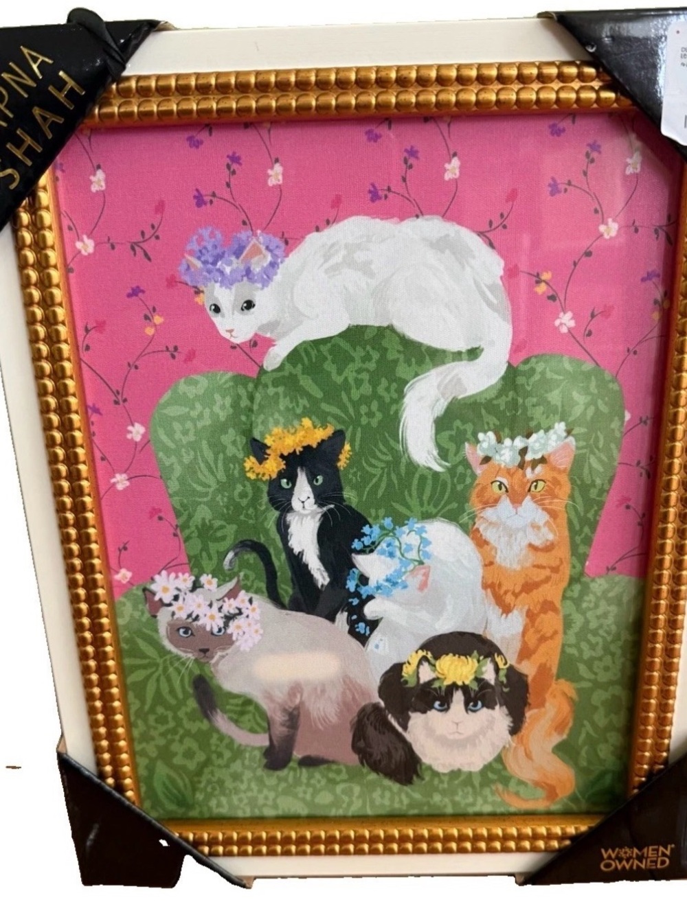 Sapna Shah unique Whimsical Floral Cats Wall Art - Pink & Green